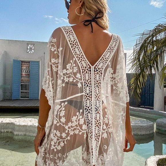 boho v neck floral print embroidered cover up - Picture 5 of 6